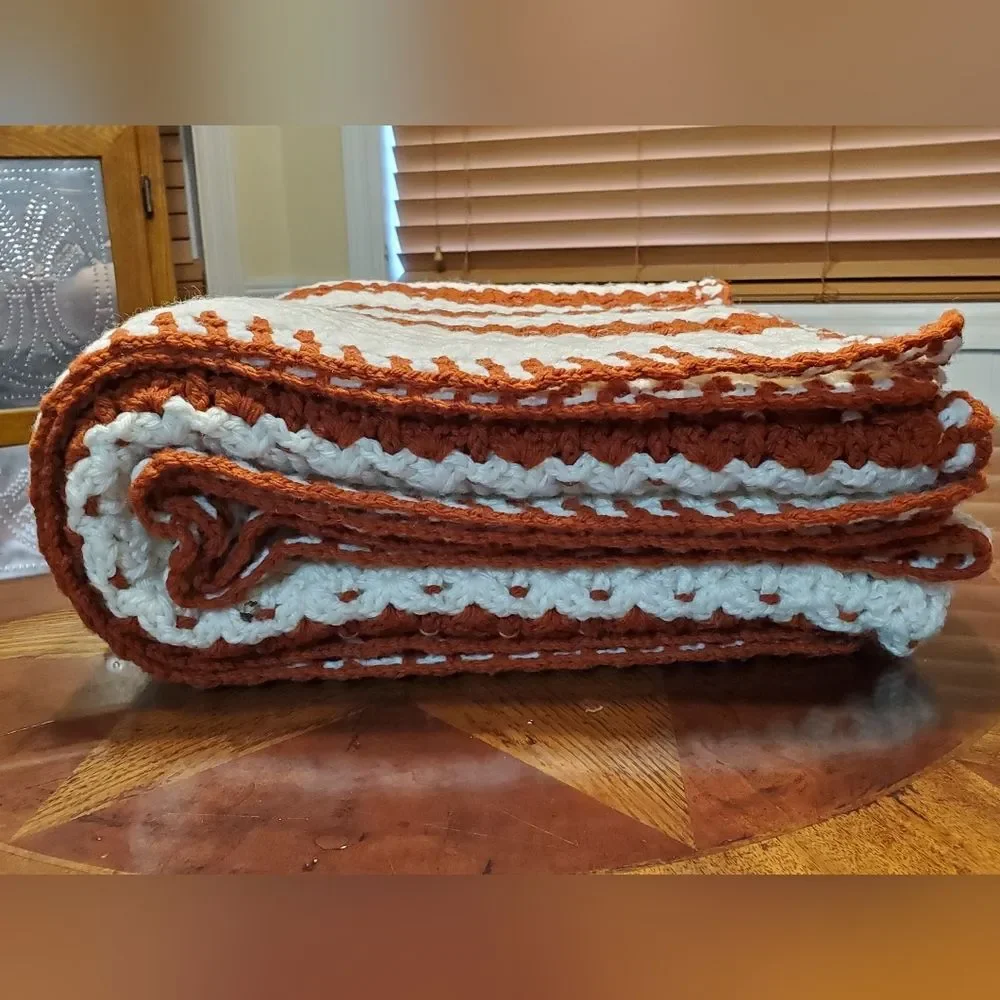 Vintage Handmade Crochet Throw Blanket Off White with Burnt Orange Stripes